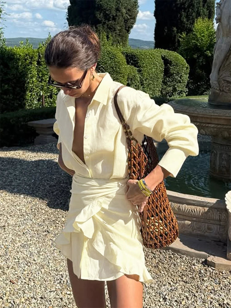 Robe chemise courte femme à revers et laçage, style vacances