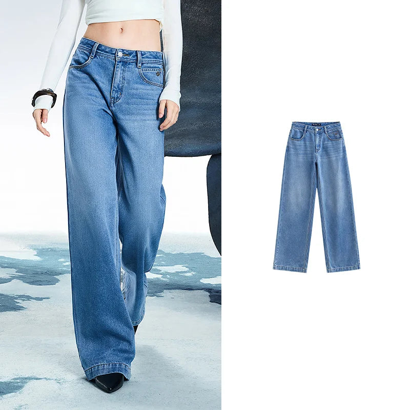 Jean femme taille mi-basse coupe droite large slim fit