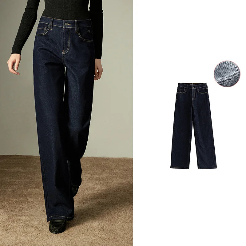 Jeans Large Femme Laine Mélangée, Taille Mi-Basse, Style Rétro