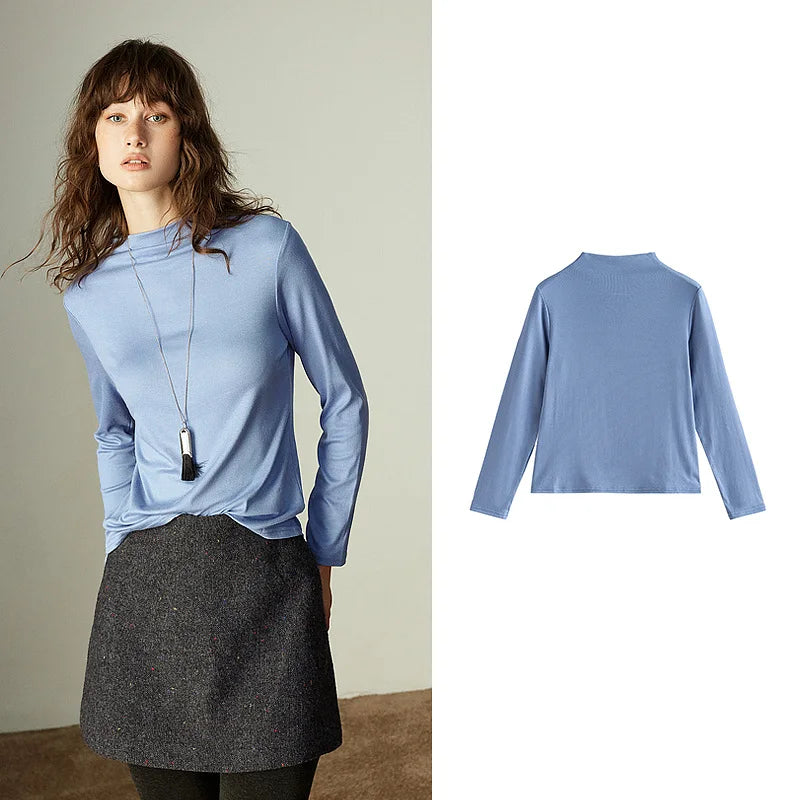 T-shirt Femme – Col Mi-Haut, Couleur Unie, Matière Douce et Confortable