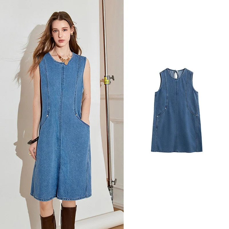 Women's sleeveless denim dress, spring style, open back with lace-up detailing, casual