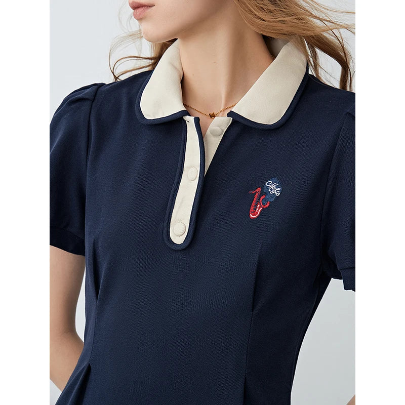 Robe femme mi-mollet été A-Line manches bouffantes col chemise brodée