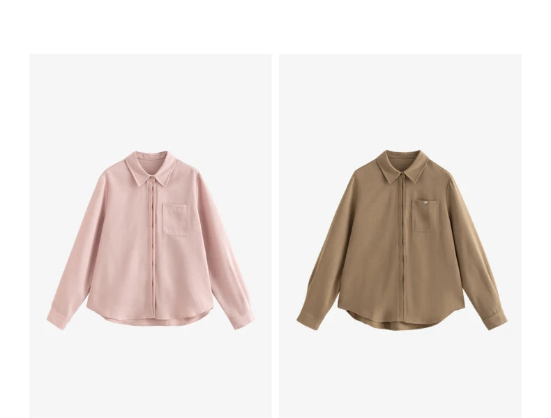 Women's long-sleeved shirt with classic collar and casual pockets