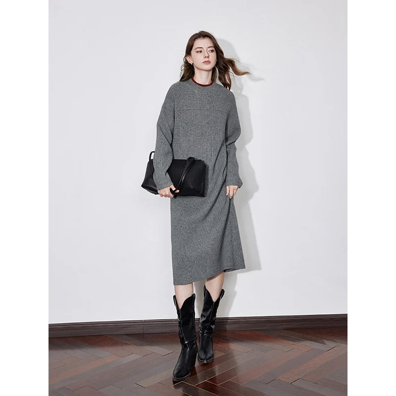 Robe femme mi-mollet hiver A-Line manches longues col rond