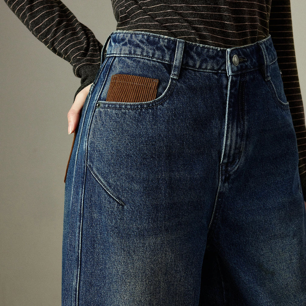 Jeans Femme – Jambe Large, Design Fendu, Contraste de Couleurs, Denim Structuré