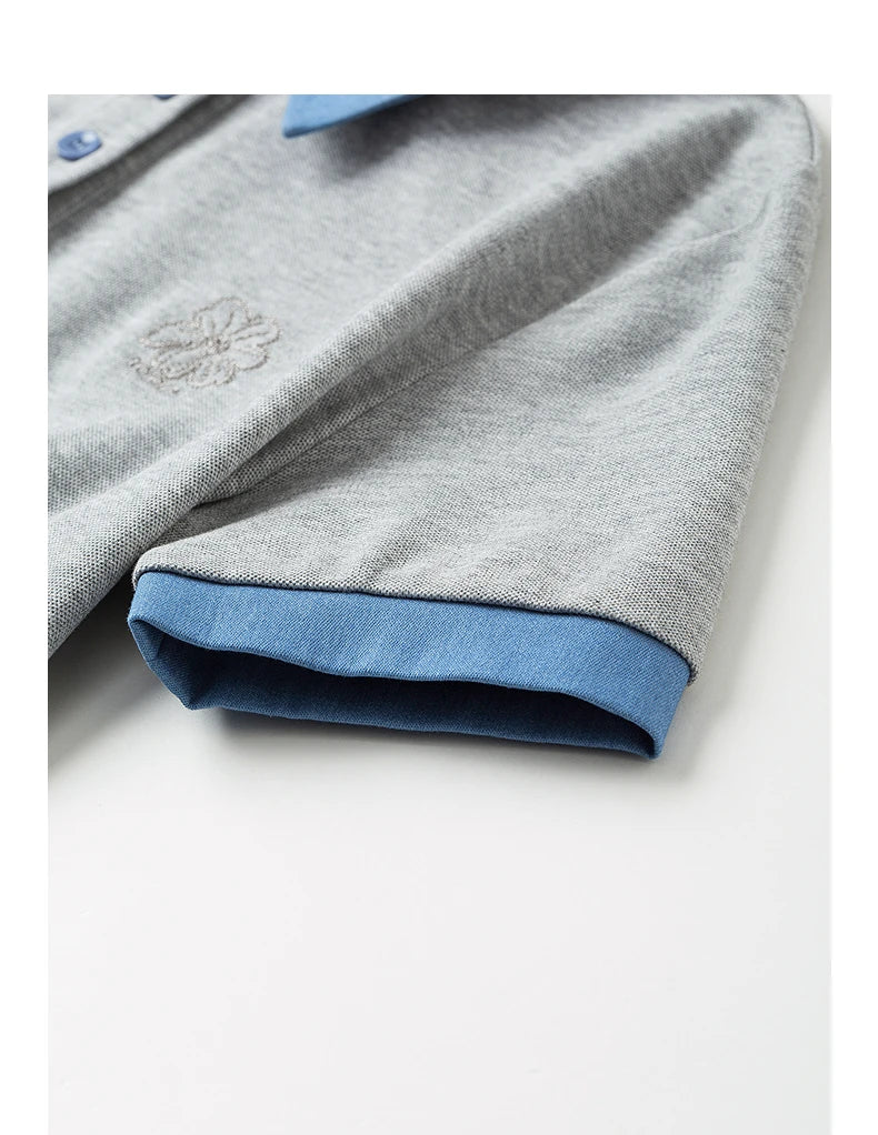 Women's mid-calf straight dress with floral embroidery and shirt collar