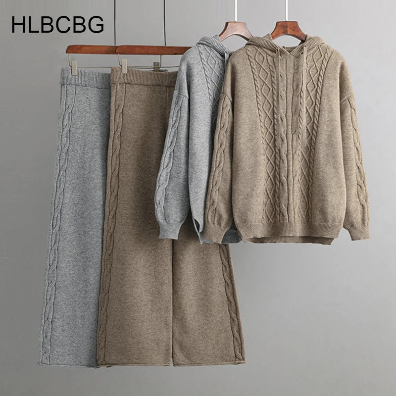 Loose-fitting winter knit set with hat