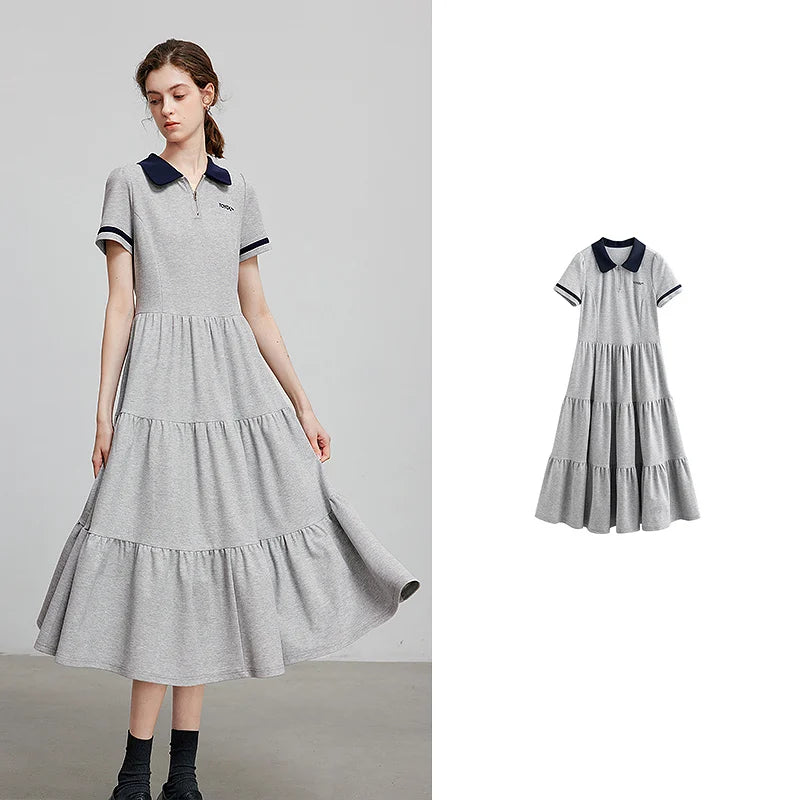 Robe femme mi-mollet été A-Line col chemise brodée motif lettres