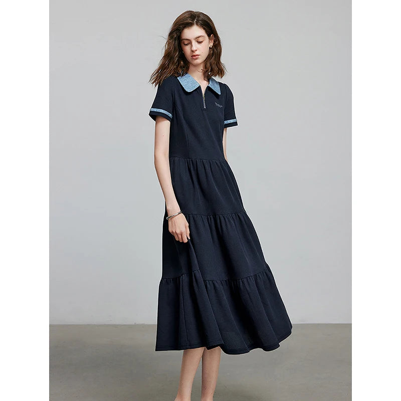 Robe femme mi-mollet été A-Line col chemise brodée motif lettres
