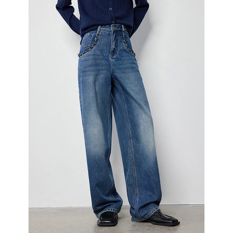 Jean femme taille haute coupe large motif tissé
