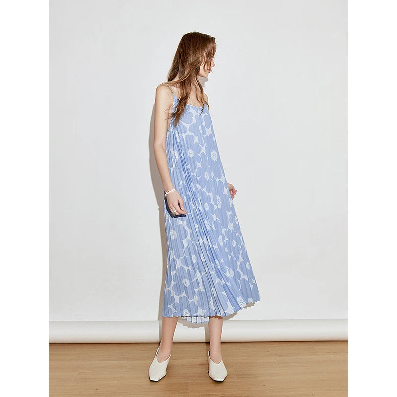 Robe femme mi-mollet été droite à bretelles spaghetti motif floral