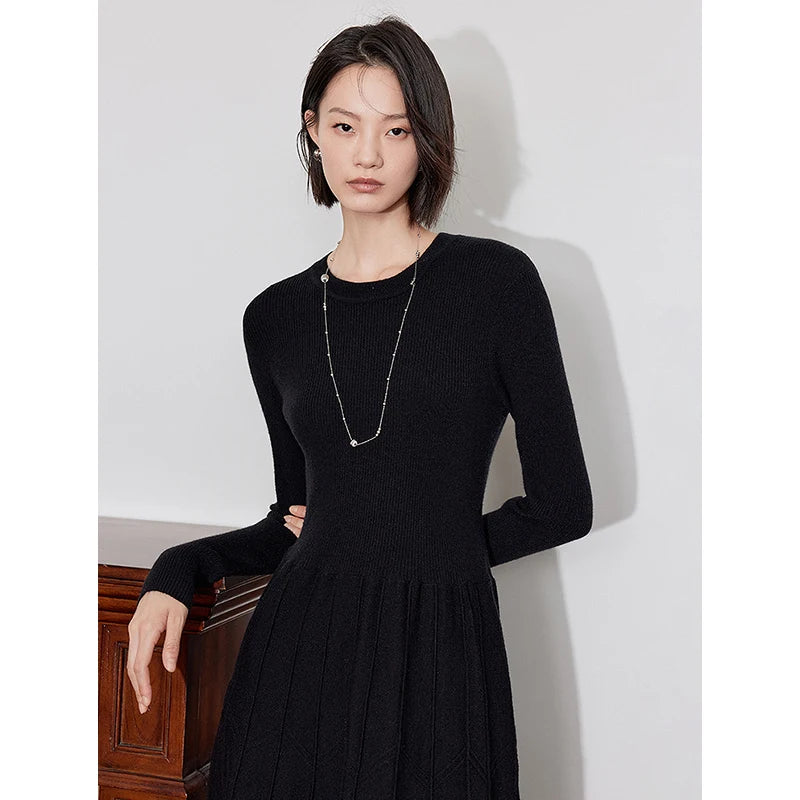 Robe femme mi-mollet hiver A-Line manches longues col rond