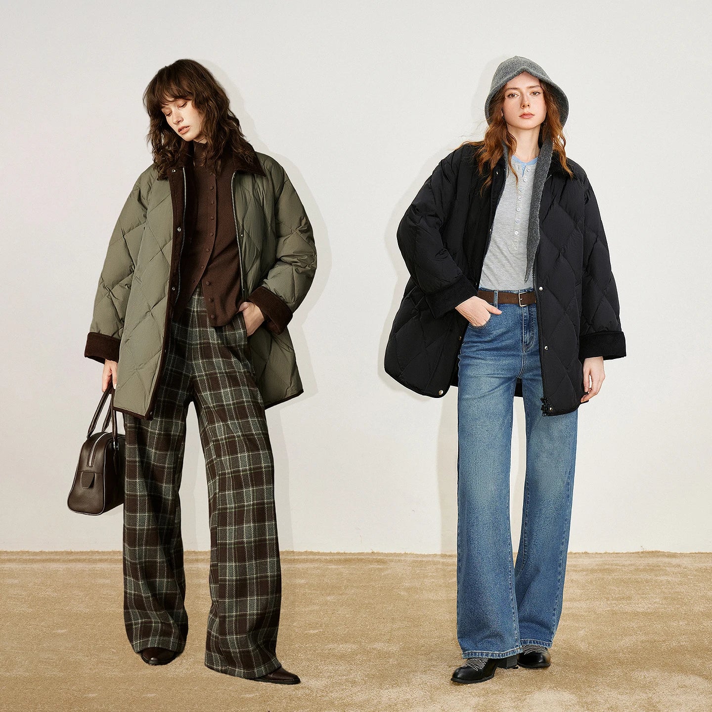 Doudoune Femme – Duvet de Canard Blanc, Design Patchwork Rétro, Coupe Loose Casual