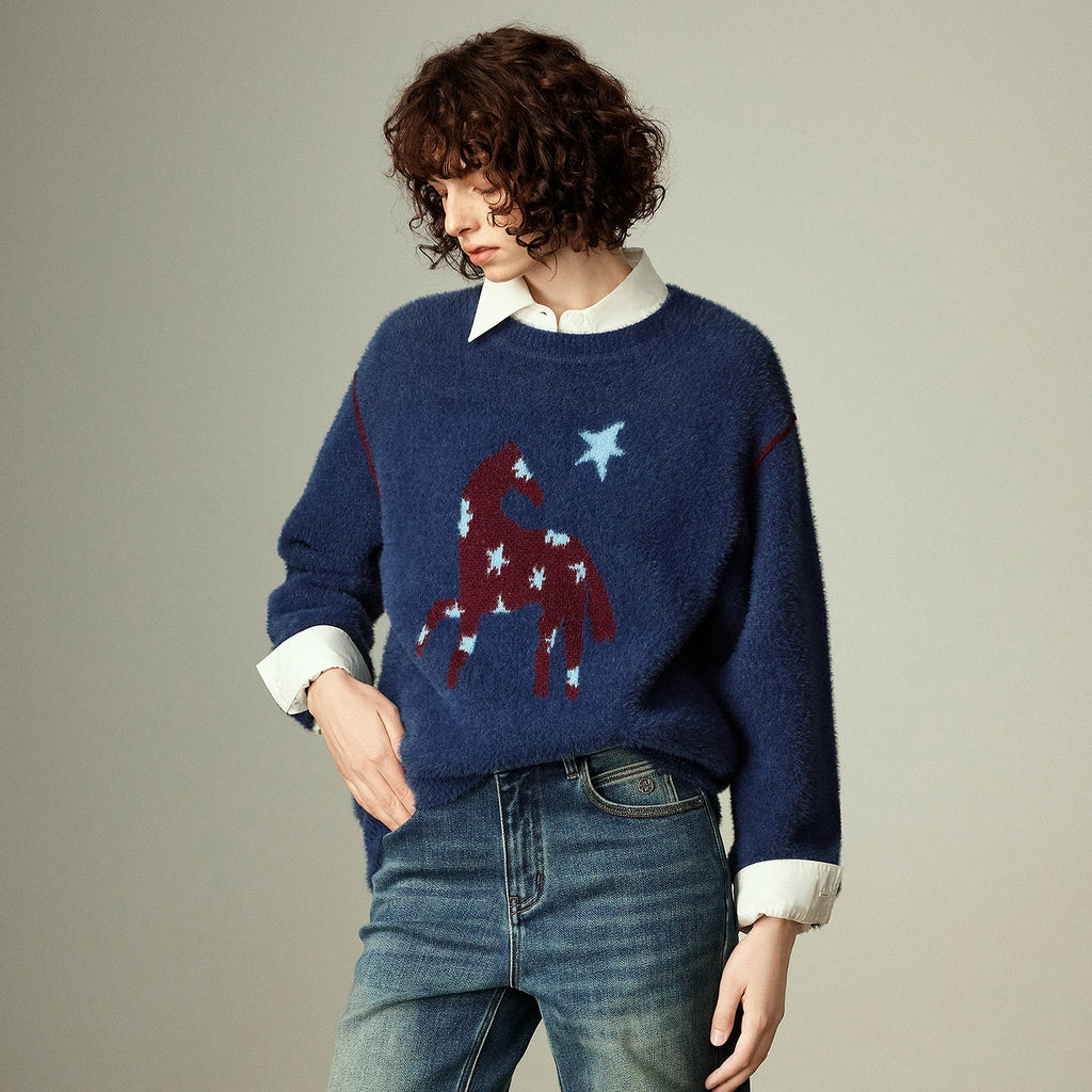 Pull Femme – Effet Cachemire, Motif Étoile & Cheval, Col Rond