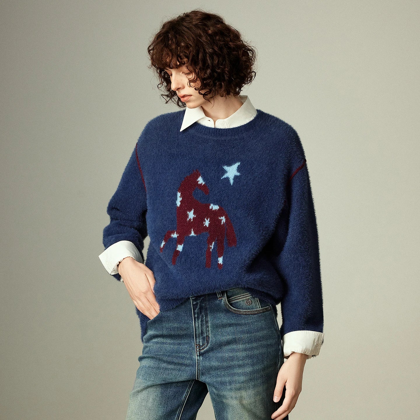 Pull Femme – Effet Cachemire, Motif Étoile & Cheval, Col Rond