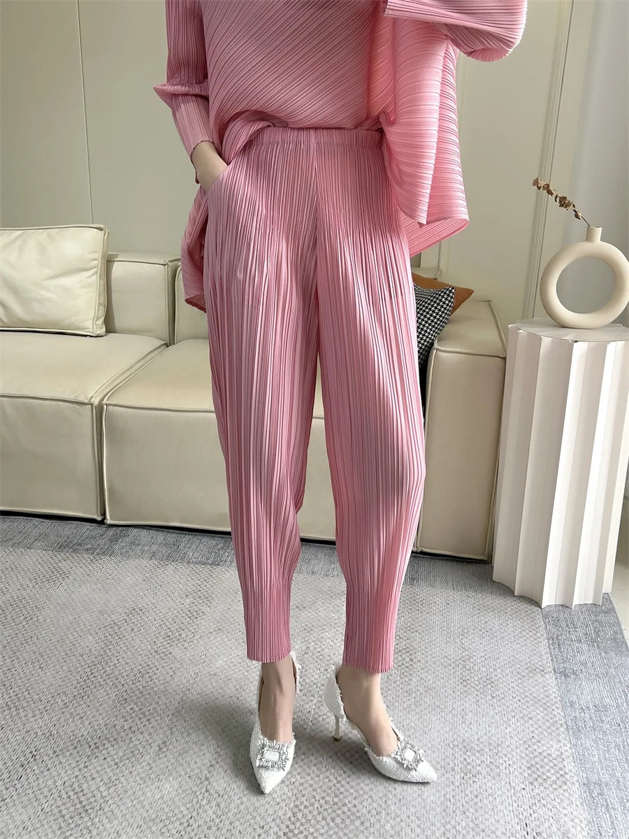 Miyake Pleated Pants Spring 2025 New Women's Solid Color Basic Elastic Waist Small Foot Radish Pants Casual And Comfortable