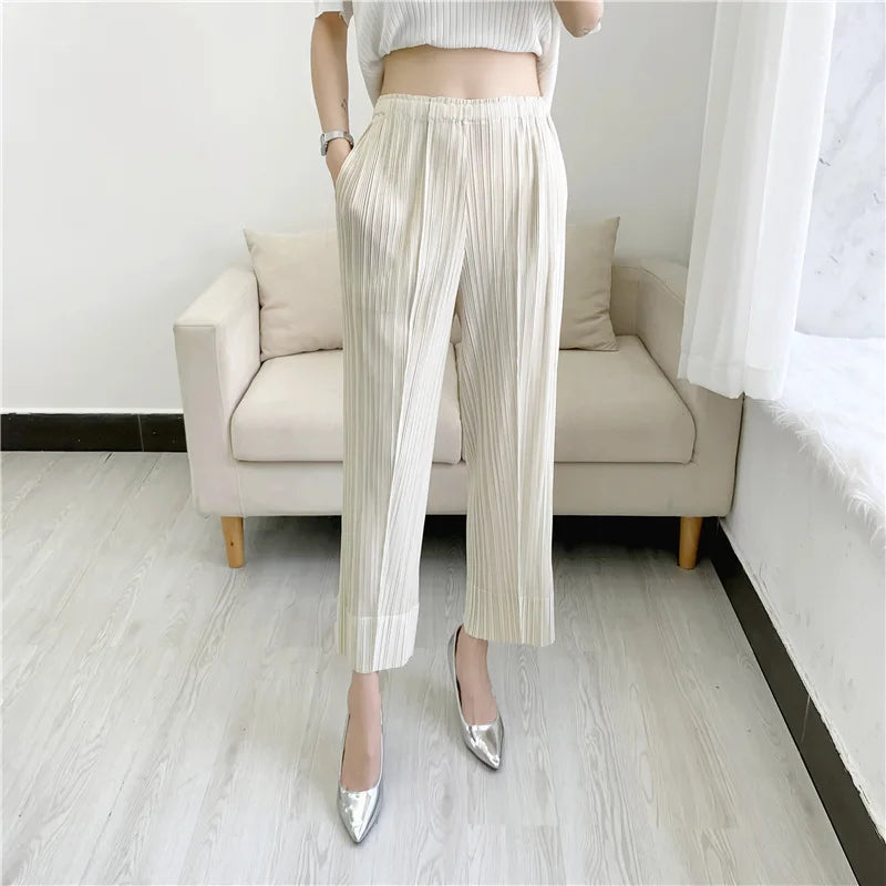 Miyake Pleated Straight Leg Pants, Women's Elastic Waist Cropped Pants, Casual and Versatile Small Leg Pants