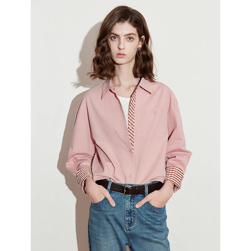 Chemise rayée femme – col diagonal spliced, pur coton