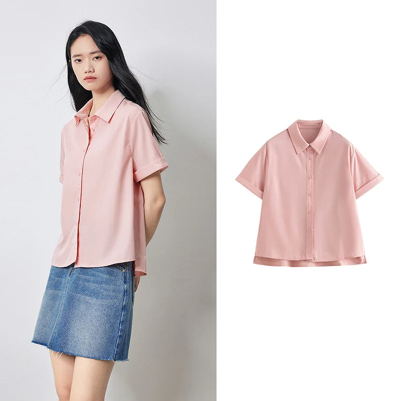 Women's short-sleeved shirt with a casual denim collar