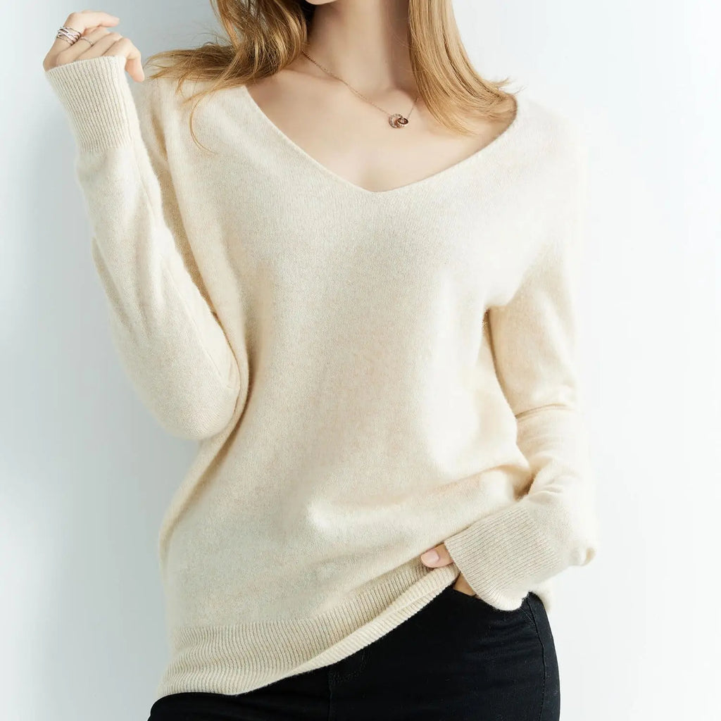 Pull en cachemire – 100 % laine mérinos, col V, manches longues