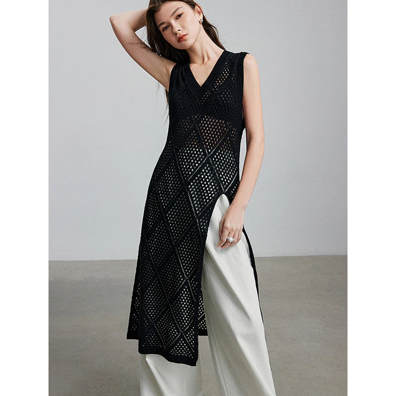 Damen Sommerkleid wadenlang A-Linie ärmellos V-Ausschnitt durchbrochen