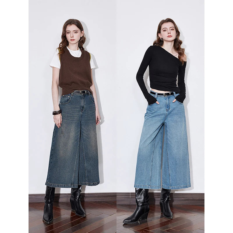Jean femme taille mi‑haute coupe droite large longueur cheville