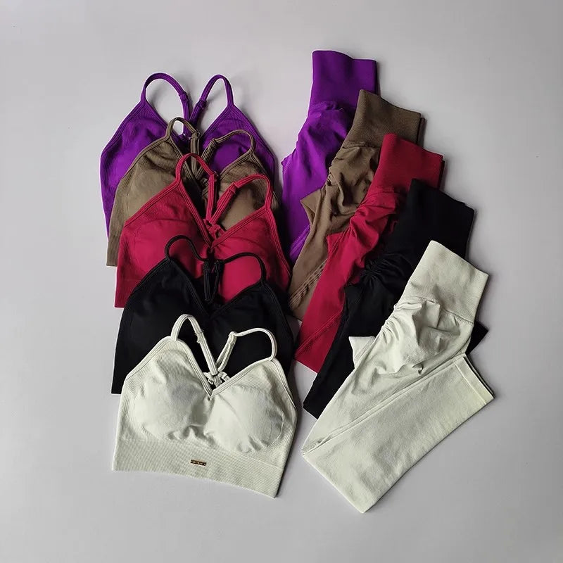 Ensemble de fitness femme seamless à col V, brassière de yoga et legging taille haute gainant
