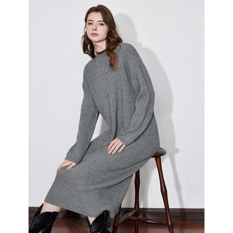 Robe femme mi-mollet hiver A-Line manches longues col rond