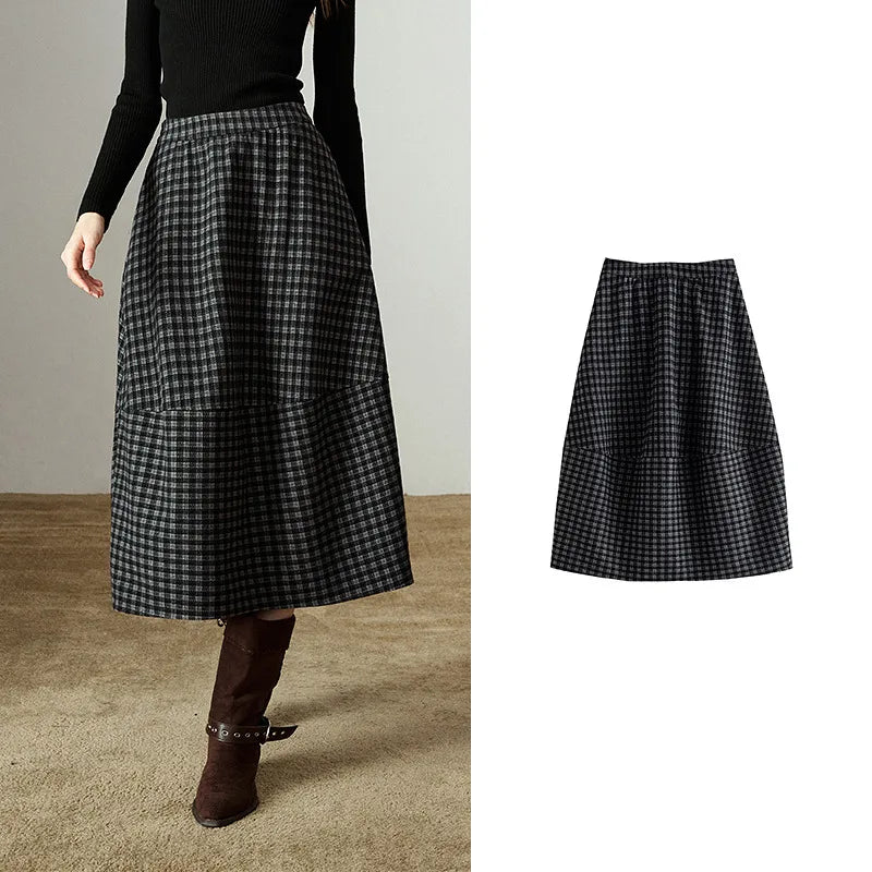Jupe Midi Femme – Taille Élastique, Motif Plaid et Fleurs Oversize, Fente Latérale