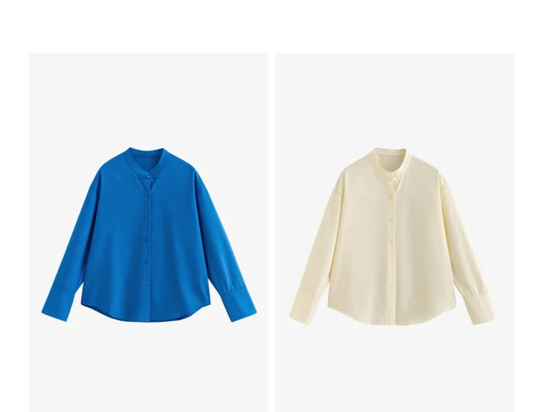 Women's long-sleeved shirt with a stand-up collar, casual Chinese style