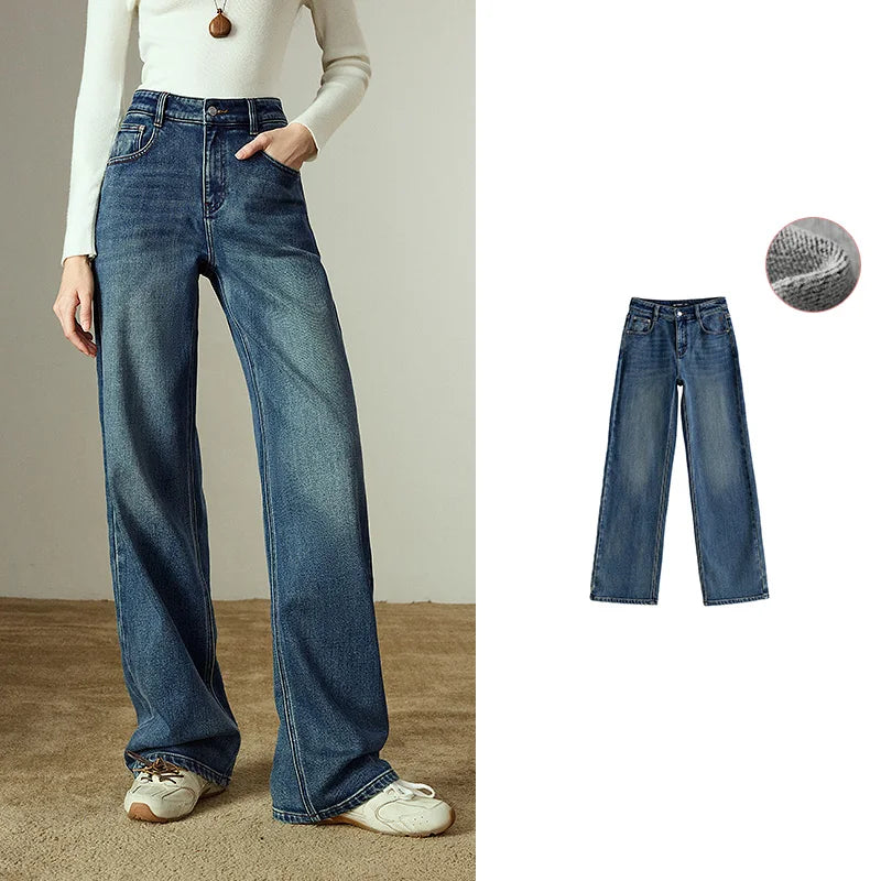Pantalon Femme – Denim Droite, Taille Moyenne-Basse, Matière Lycra Brossée, Chaud et Confortable