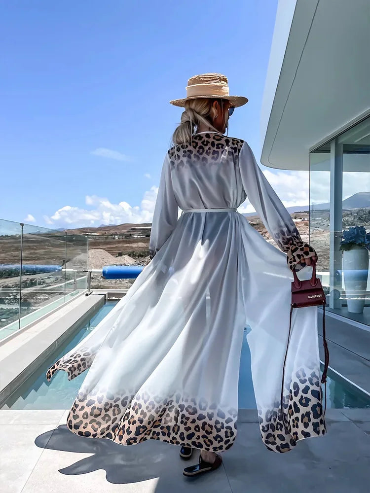 Ensemble Kimono à Imprimé Léopard Grande Taille en Chiffon - Tunique de Plage Longue à Manchettes
