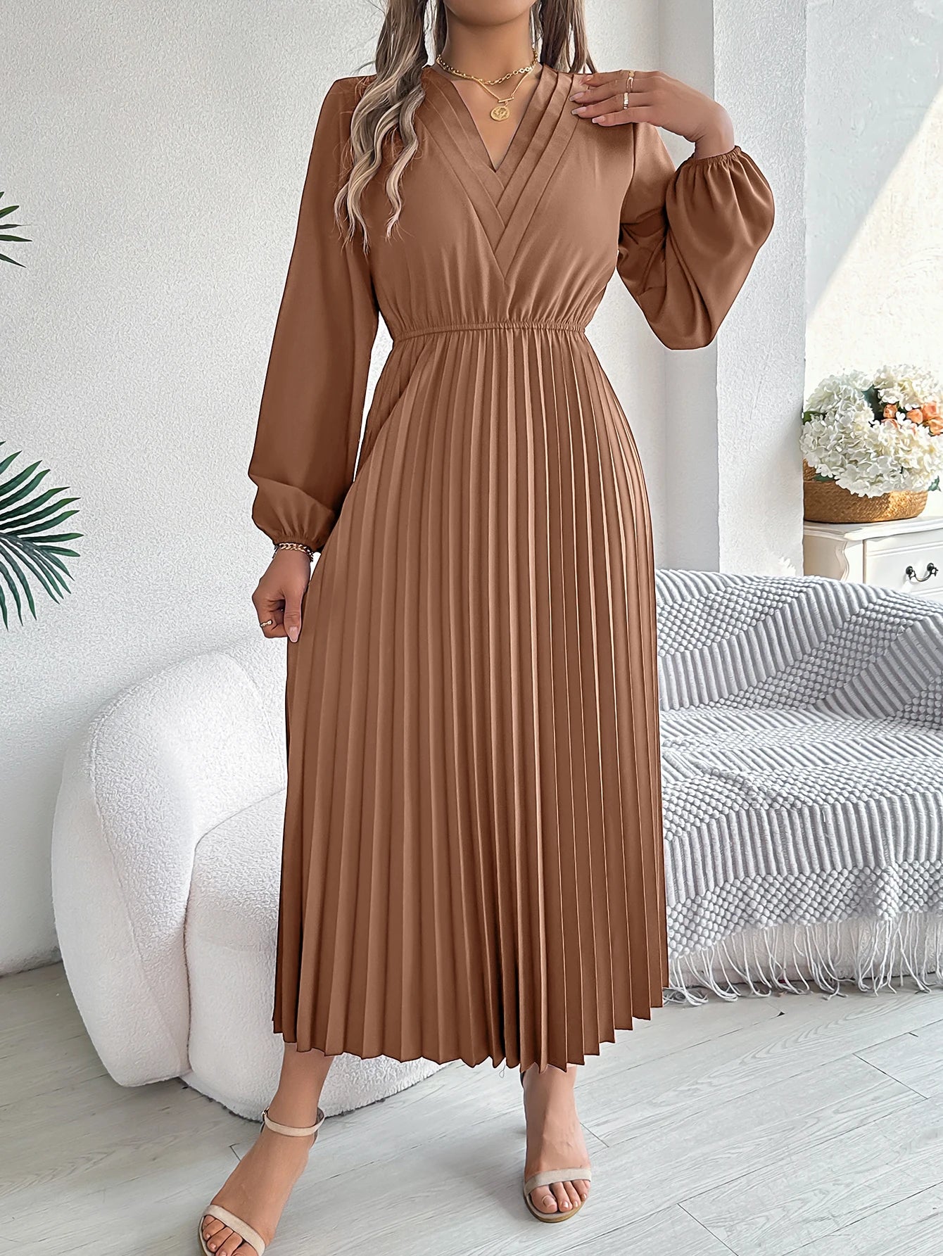 Robe Maxi Élégante pour Col V, Taille Haute, Plissée