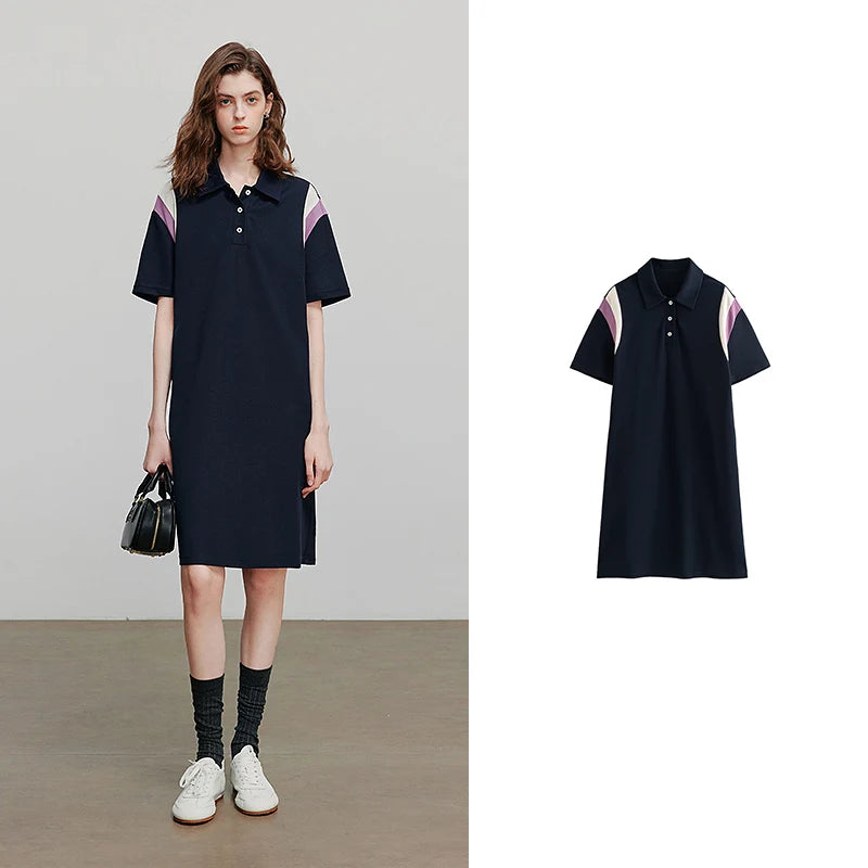 Damenkleid knielang Sommer Preppy-Stil Patchwork Kurzarm