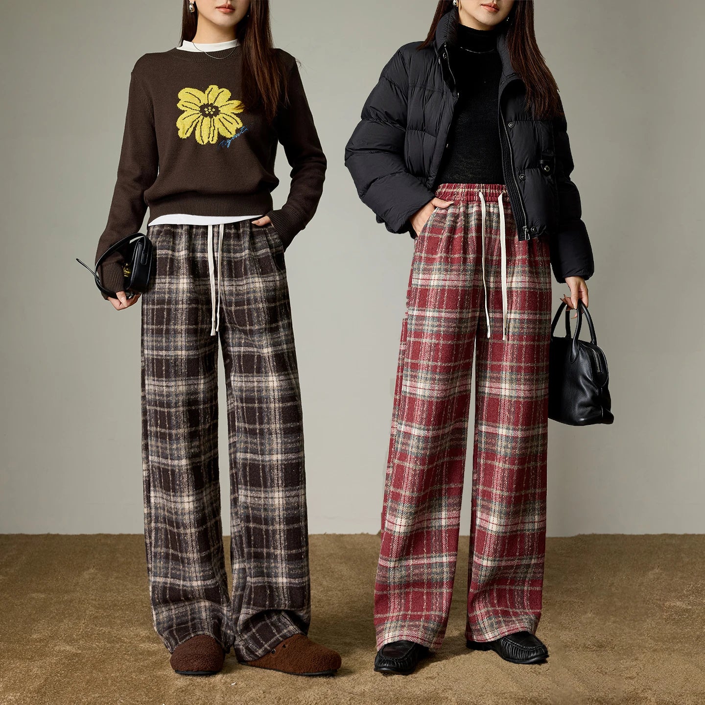Women's Trousers – High Waist, Slim and Wide Fit, Wool Plaid Pattern