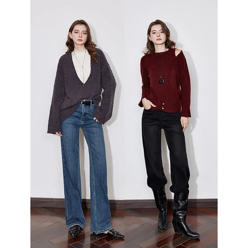 Jean femme doublé chaud taille mi-haute coupe droite large