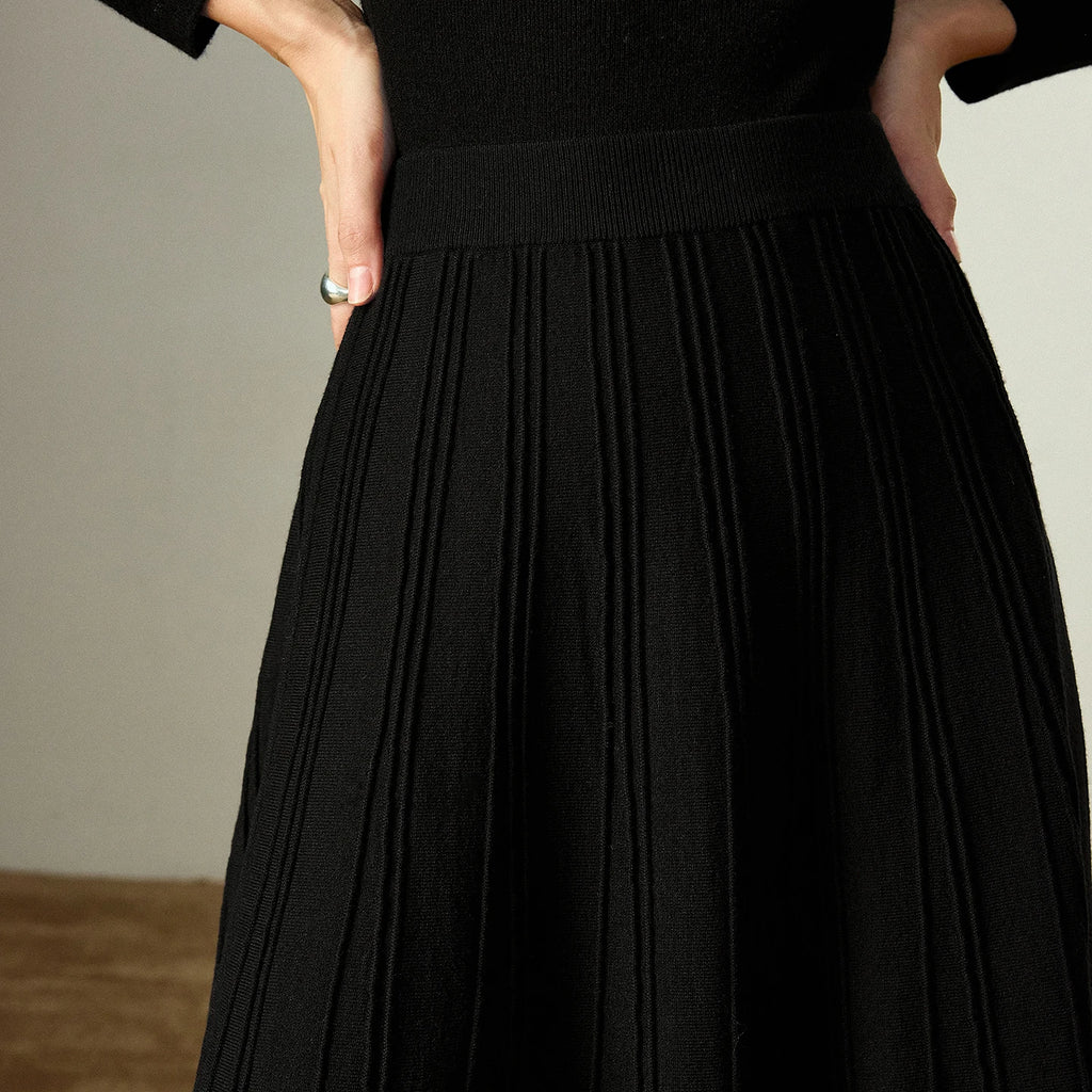 Jupe Midi Noire Femme – Taille Élastique au Dos, Maille Côtelée 3D, Coupe