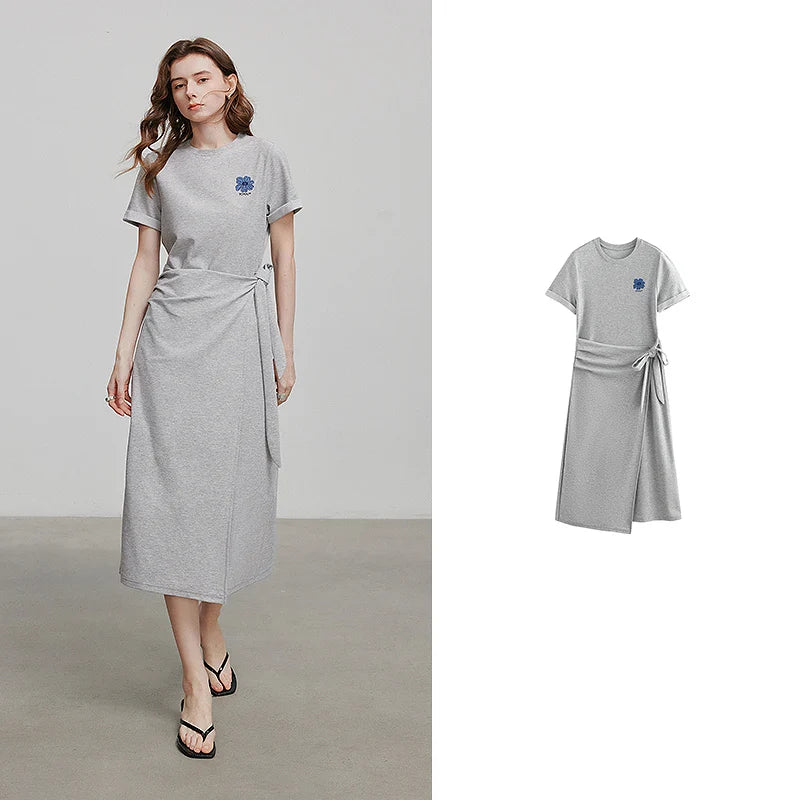 Robe femme mi-mollet été droite brodée à motif floral