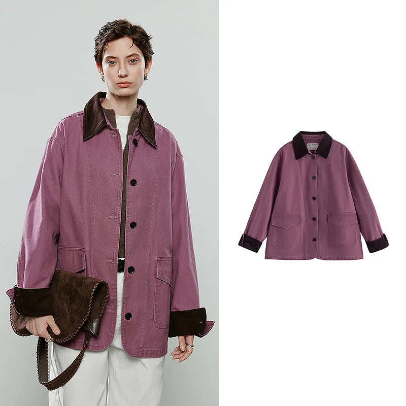 Damenmantel – Asymmetrischer Midirock-Schnitt, reine Baumwolle, Kontrastnaht, Himbeerrosa