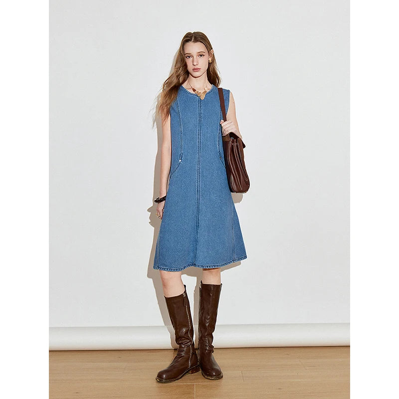Women's sleeveless denim dress, spring style, open back with lace-up detailing, casual