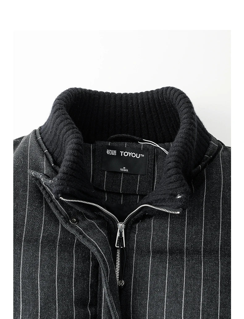 Women's Puffer Jacket - Feathers, Knitted High Collar, Stripes