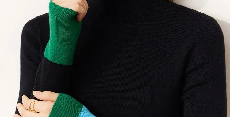 Damenpullover Stehkragen Warm Winter Gestrickt Farbblock Slim Fit Vielseitig Vintage Casual Langarm
