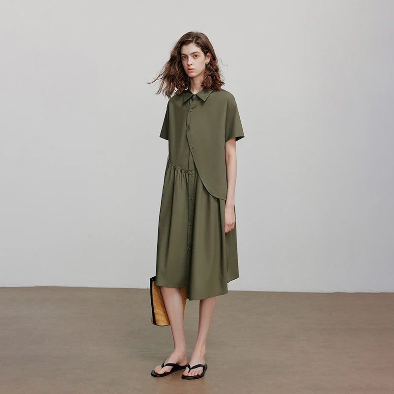 Robe femme mi‑mollet été A-Line manches courtes col chemise