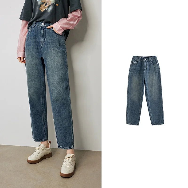 Jean femme taille haute élastique coupe harem longueur cheville