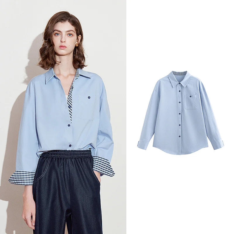 Women's striped shirt – diagonal spliced ​​collar, pure cotton