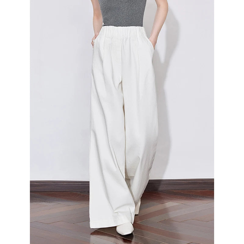 Jean femme taille élastique coupe droite large longueur longue