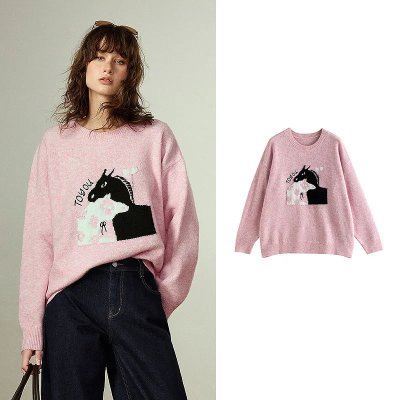 Pull Femme – Col Rond, Coupe Loose, Jacquard Cheval en Laine Mélangée
