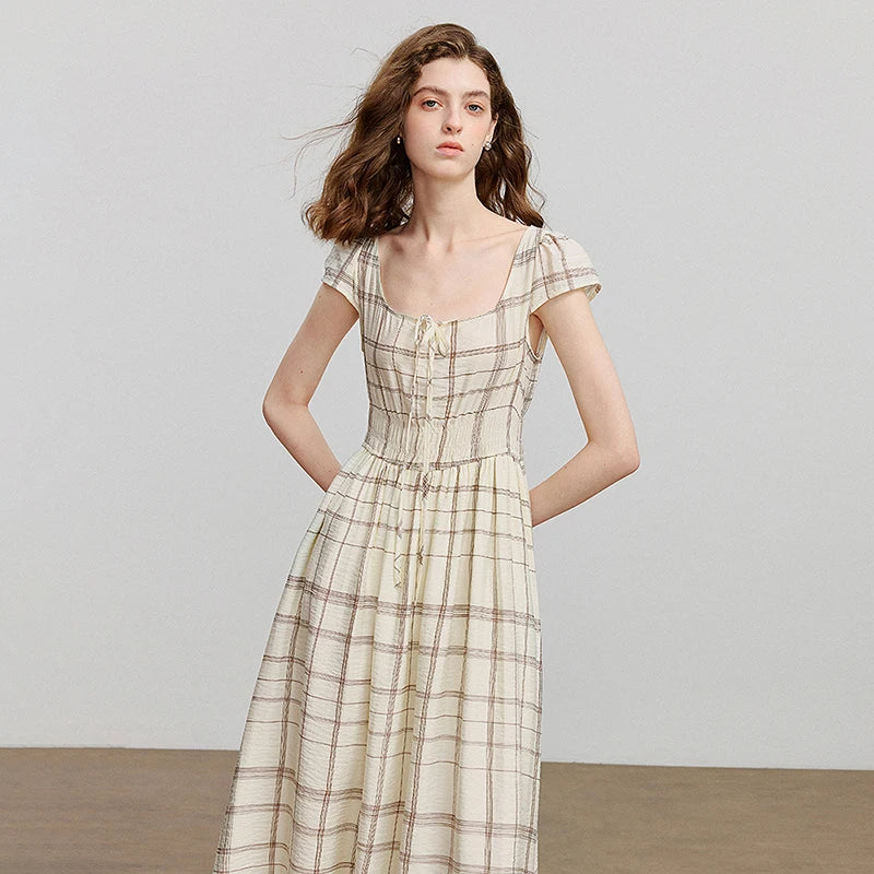 Robe femme mi‑mollet été style plage A-Line manches courtes à col carré