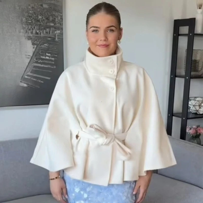 Elegant Short Cape Coat with Belt