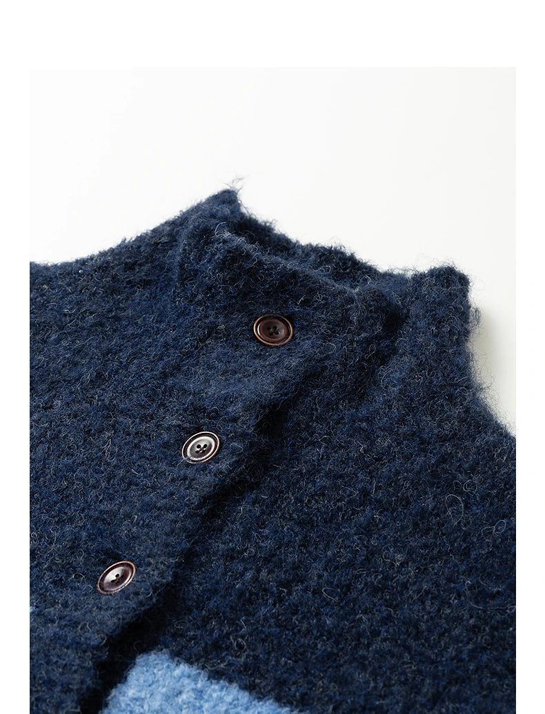 Cardigan Femme – Col Haut, Rayures Vintage, Laine Nuage